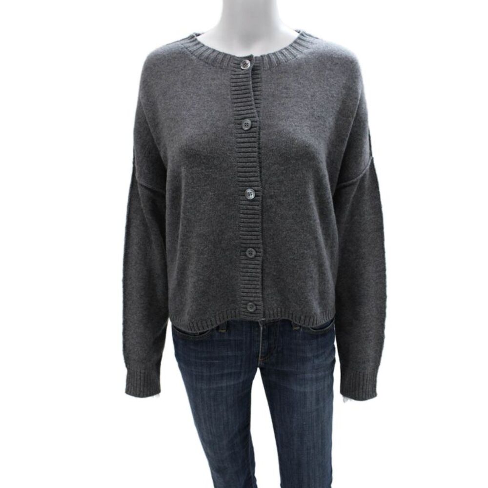 Margittes Womens Merino Wool Cardigan Gray Crew Neck Long Sleeve Size M